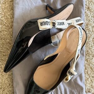 Dior Black Patent Leather Heels with Cream Straps